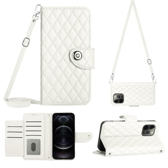 Charm Style for iPhone 13 Pro Case RFID Blocking Wallet Card Holder Leather PU Flip Cover Folio Lanyard Crossbody Strap Women Girl Magnetic Clasp Kickstand For iPhone 13 Pro, White