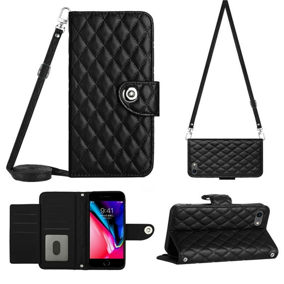 Charm Style for iPhone 7 / 8 / SE 2020 / SE 2022 Case RFID Blocking Wallet Card Holder Leather PU Flip Cover Folio Lanyard Crossbody Strap Women Girl Magnetic Clasp Kickstand, Black