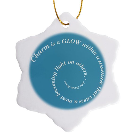 Charm Typography In Teal And White , 3 inch Snowflake Porcelain Ornament