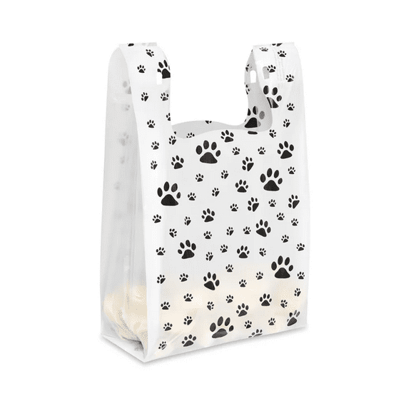 Charm Your Prince CYP 100 White Paw Print Disposable Plastic T Shirt Shopping Gift Bags with Handles - Medium - 11 1/2 x 6 x 21