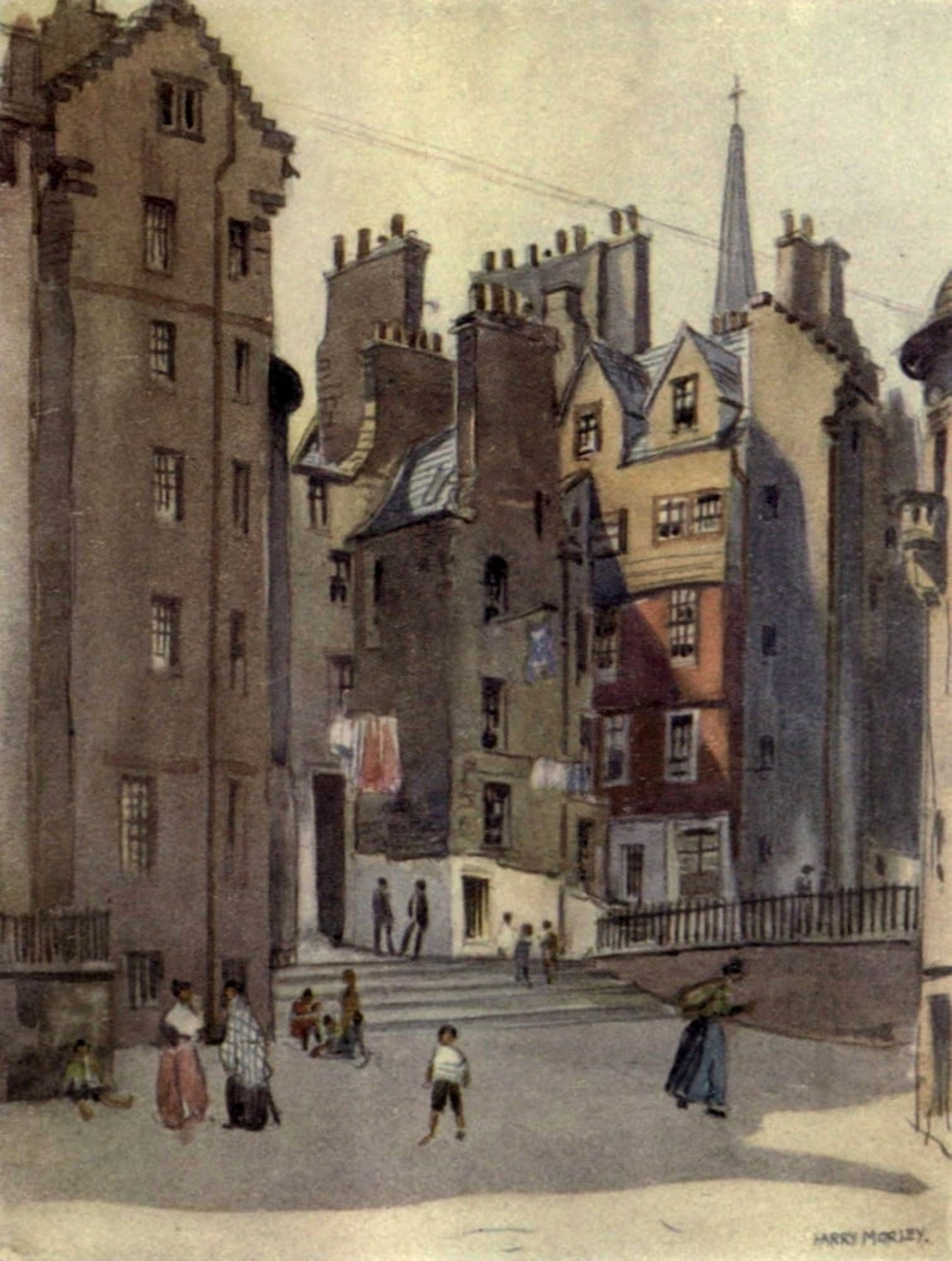 Charm of Edinburgh 1913 Lady Stairs close Canvas Art - Harry Morley (24 x 36)