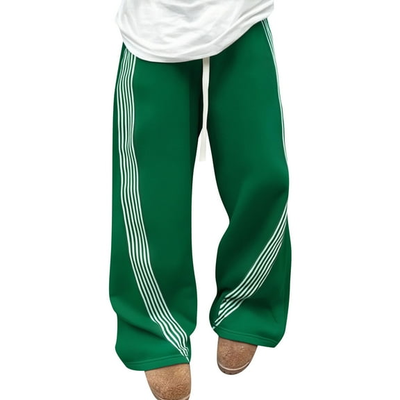 CharmCyan Casual Loose Fit Drawstring Waist Pants with Striped Side Detailing Comfortable Wide Leg Trousers for Everyday Wear Green S