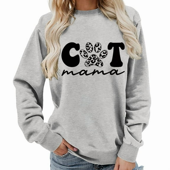 CharmCyan Cat Mama Sweatshirt for Women, Cute Leopard Paw Print Pullover, Long Sleeve Casual Crewneck Top, Soft Comfy Fall Winter Shirt Gray L