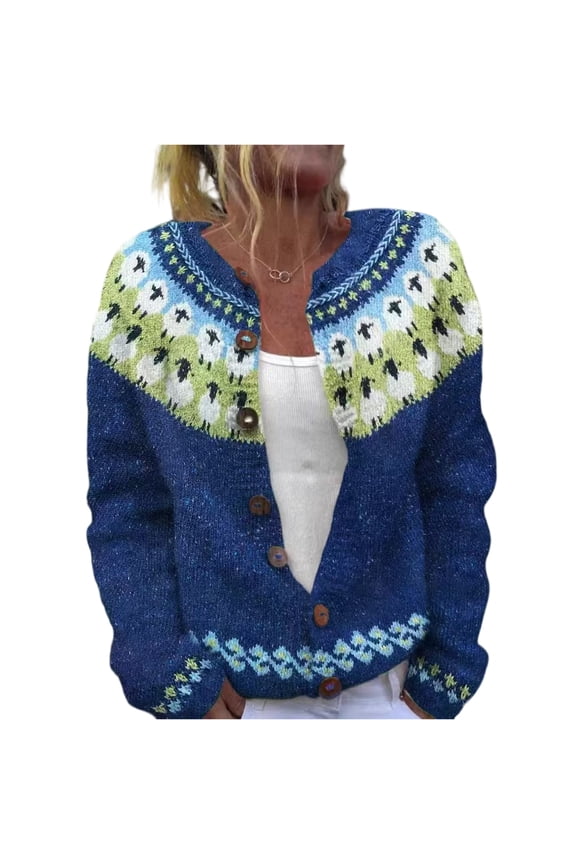 Fair Isle Cardigan Sweaters For Women R-Neck Loose Fit Button Up Chunky Sweater Open Front Casual Fall Knit Jacket Blue 2XL