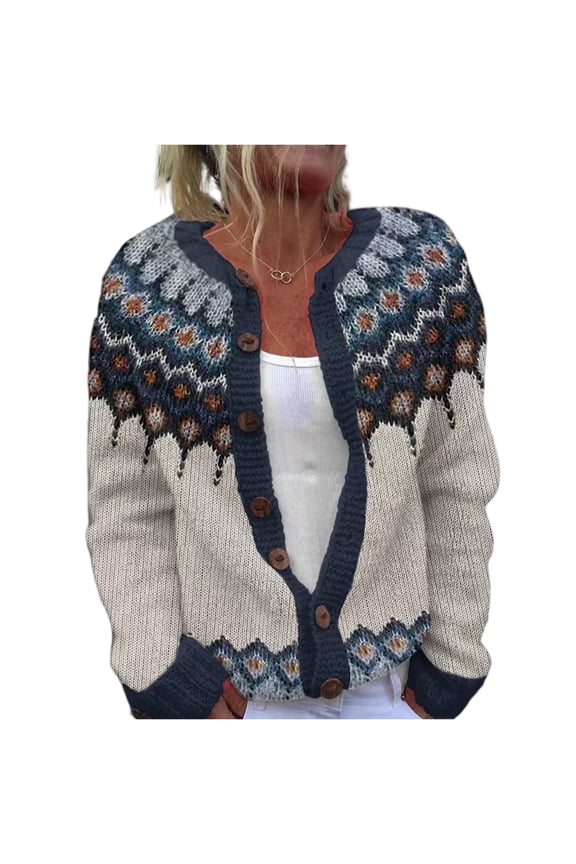 Fair Isle Cardigan Sweaters For Women R-Neck Loose Fit Button Up Chunky Sweater Open Front Casual Fall Knit Jacket Navy L