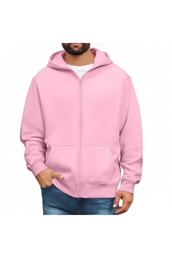 Full Zip Up Hoodie Sweatshirt for Men with Adjustable Drawstring Hood Soft Fleece Lining and Kangaroo Pockets Comfortable Casual Outerwear Perfect for Everyday Wear Pink L