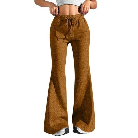 CharmCyan High Waist Flare Yoga Pants for Women Stretchy Bootcut Lounge Workout Trousers with Drawstring Waistband Comfortable Fit Light Brown 2XL