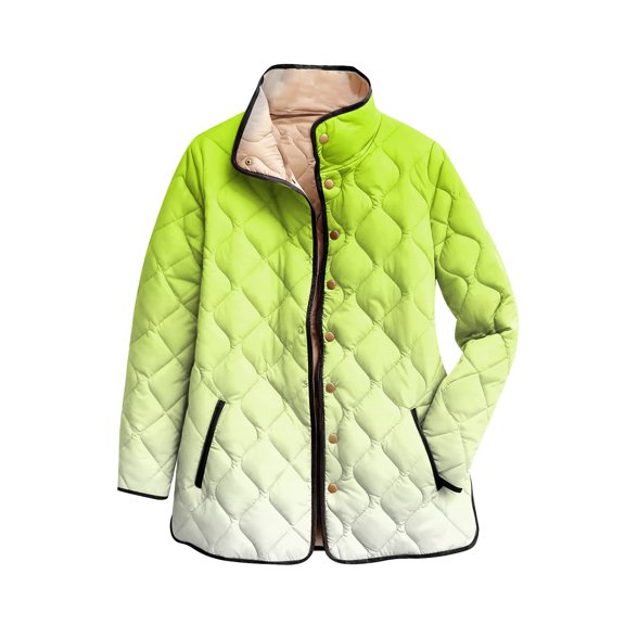 CharmCyan Ladies' Gradient Printed Stand Up Collar Pleated Cotton Long Sleeved Buttoned Cotton Jacket Fluorescent Green M