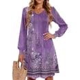 thumbnail image 1 of CharmCyan Ladies' Printed Casual And Fashionable V-neck Long Sleeved Mid Length Dress Purple M L, 1 of 4