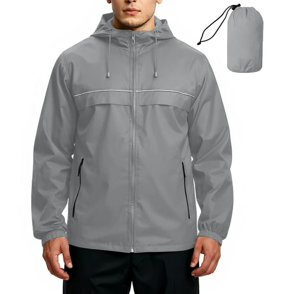 CharmCyan Lightweight Waterproof Hooded Windbreaker Jacket for Men with Adjustable Drawstring and Full Zip Closure for Outdoor Activities Gray XL