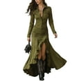 thumbnail image 1 of CharmCyan Long Sleeve Button Down Maxi Dress with Ruffled High Slit Hem and Ruched Waist Western Style Shirt Collar Design Army Green M, 1 of 4