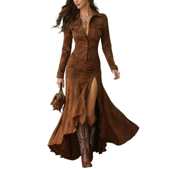 CharmCyan Long Sleeve Button Down Maxi Dress with Ruffled High Slit Hem and Ruched Waist Western Style Shirt Collar Design Brown 2XL