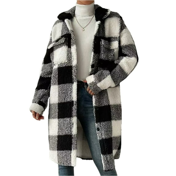 CharmCyan Long Sleeve Plaid Sherpa Fleece Coat with Button Front Chest Pockets and Lapel Collar for Women Casual Outerwear Jacket Black L