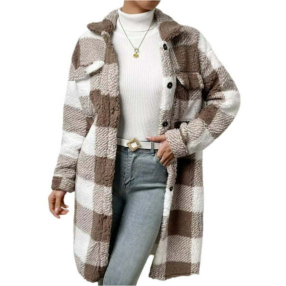 CharmCyan Long Sleeve Plaid Sherpa Fleece Coat with Button Front Chest Pockets and Lapel Collar for Women Casual Outerwear Jacket Khaki XL