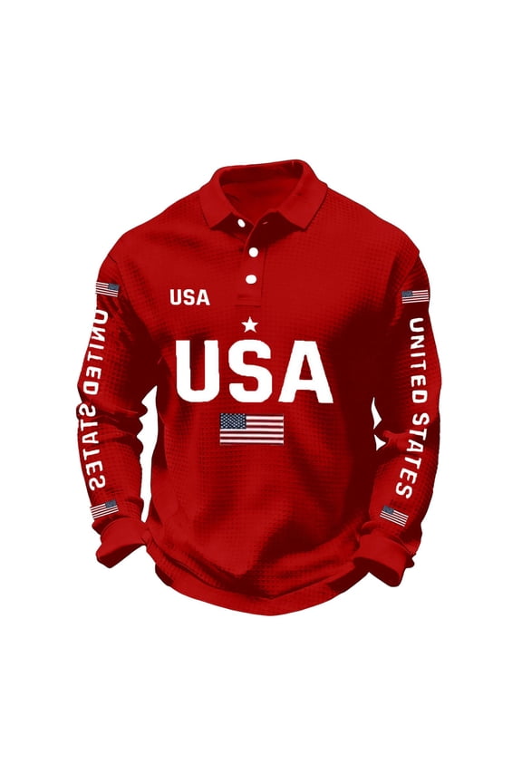 Long Sleeve Polo Shirt with USA Letter Print Flag Graphic and United States Text on Sleeves for Men Casual Fit