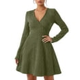 thumbnail image 1 of CharmCyan Long Sleeve V Neck Ribbed Knit Dress for Women A Line Silhouette Soft Fabric Pullover Design Casual Wear Green S, 1 of 5