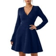 thumbnail image 1 of CharmCyan Long Sleeve V Neck Ribbed Knit Dress for Women A Line Silhouette Soft Fabric Pullover Design Casual Wear Navy M, 1 of 5