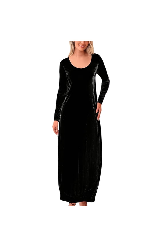 Long Sleeve Velvet Maxi Dress for Women Scoop Neck Full Length Soft Fabric Elegant Simple Casual Wear Black 2XL