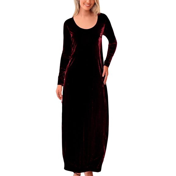CharmCyan Long Sleeve Velvet Maxi Dress for Women Scoop Neck Full Length Soft Fabric Elegant Simple Casual Wear Wine S