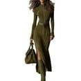 thumbnail image 1 of CharmCyan Long Sleeve Zipper Belted Maxi Dress for Women Slim Fit Stand Collar Side Slit Suede Look Elegant Casual Wear Army Green L, 1 of 4