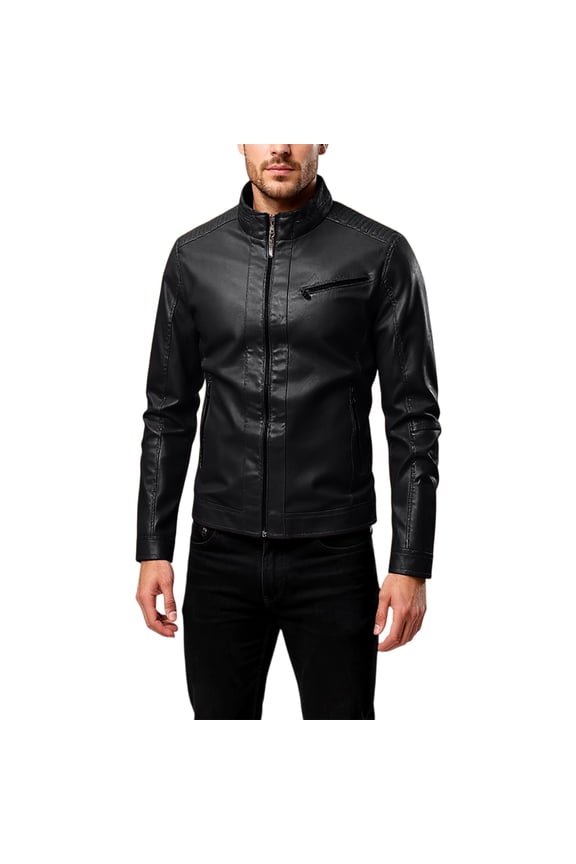 Men Faux Leather Stand Collar Moto Biker Jacket with Zipper Closure and Multiple Pockets for Casual Wear Black 3XL