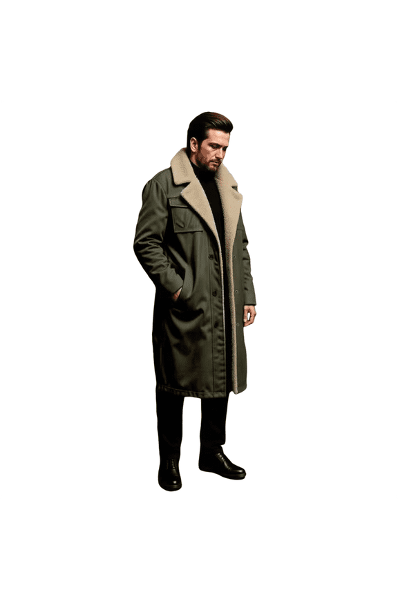 Men Fleece Lined Trench Coat Long Warm Jacket Wind Proof Jacket Coat With Pockets Army Green 3XL