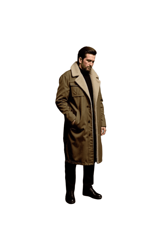 Men Fleece Lined Trench Coat Long Warm Jacket Wind Proof Jacket Coat With Pockets Khaki XL