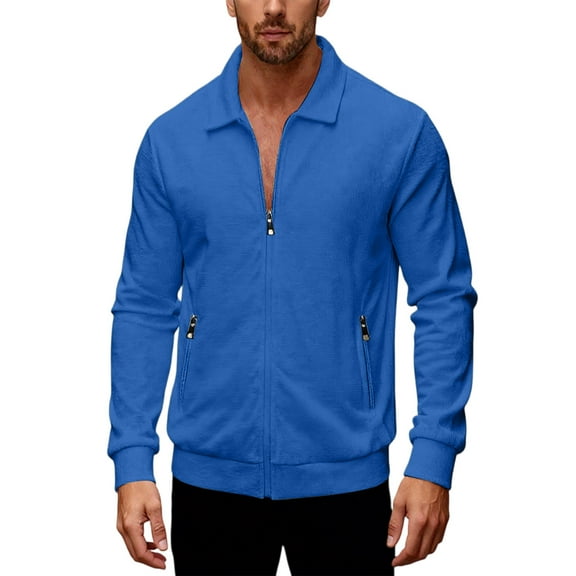 CharmCyan Men Full Zip Casual Knit Jacket with Stand Collar Long Sleeve Lightweight Outerwear for Everyday Comfort Blue L