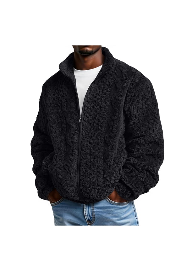 Men Full Zip Fleece Jacket Cable Knit Pattern Plush Sherpa Outerwear Stand Collar Long Sleeve Casual Fit Black L