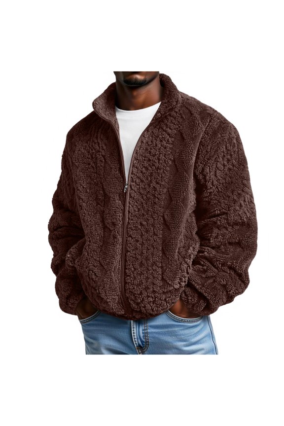 Men Full Zip Fleece Jacket Cable Knit Pattern Plush Sherpa Outerwear Stand Collar Long Sleeve Casual Fit Coffee S