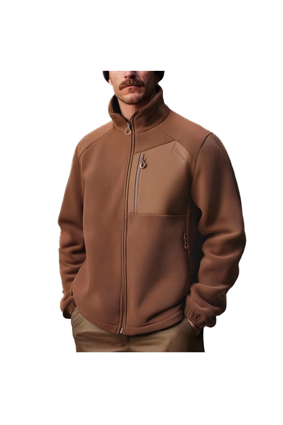Men Full Zip Fleece Jacket Lightweight Warm Outdoor Stand Collar Softshell Windproof Casual Coat for Hiking Travel Work Brown 3XL