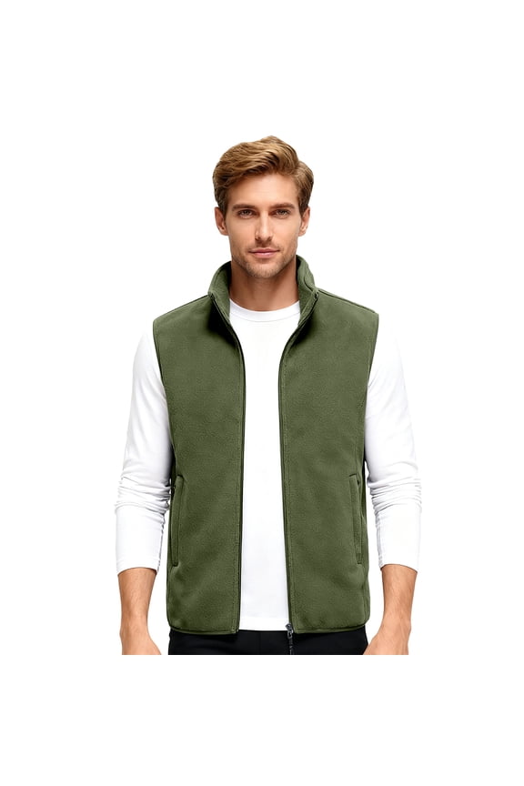 Men Full Zip Fleece Vest Lightweight Stand Collar Sleeveless Outerwear Jacket with Pockets for Outdoor Activities Layering Army Green 3XL