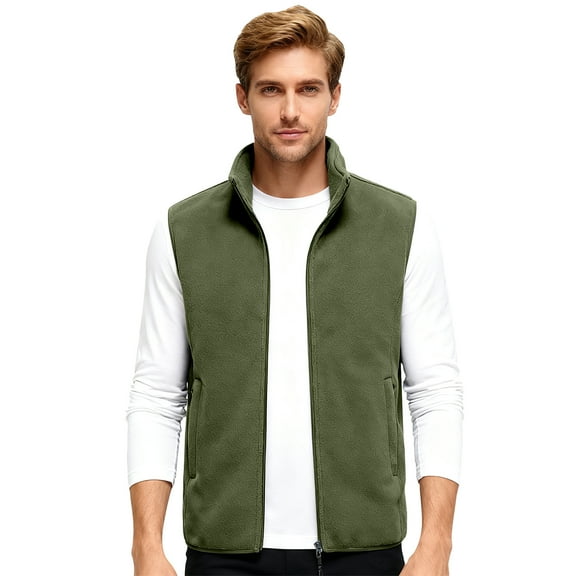 CharmCyan Men Full Zip Fleece Vest Lightweight Stand Collar Sleeveless Outerwear Jacket with Pockets for Outdoor Activities Layering Army Green L