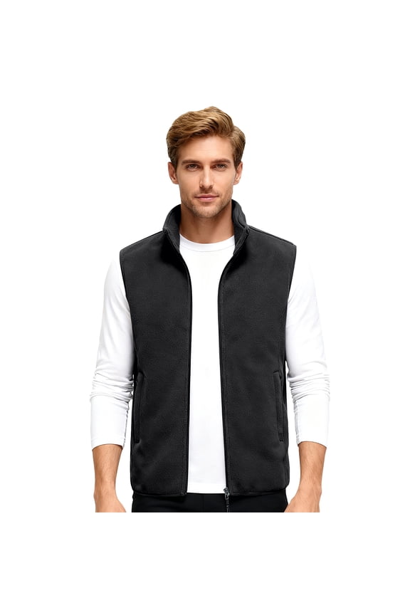Men Full Zip Fleece Vest Lightweight Stand Collar Sleeveless Outerwear Jacket with Pockets for Outdoor Activities Layering Black 2XL