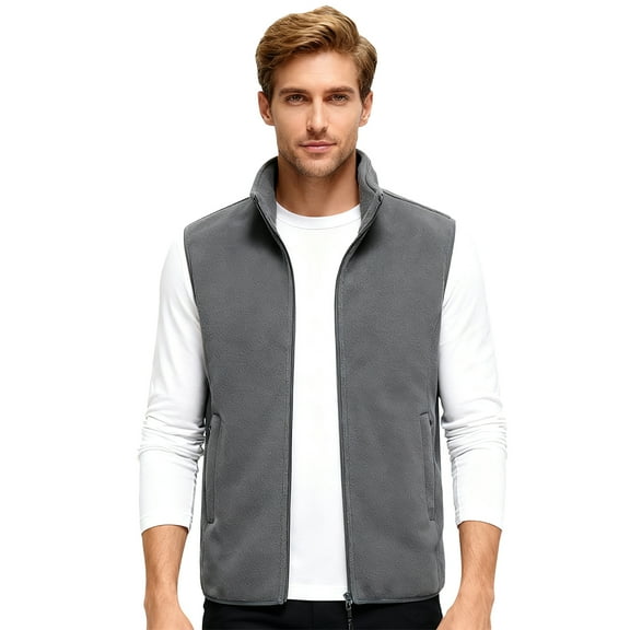 CharmCyan Men Full Zip Fleece Vest Lightweight Stand Collar Sleeveless Outerwear Jacket with Pockets for Outdoor Activities Layering Gray L