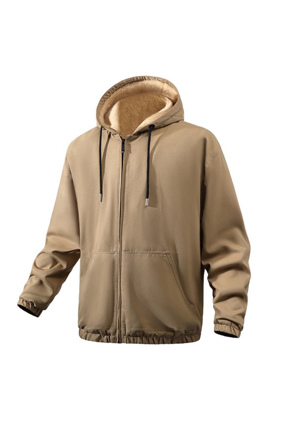 Men Full Zip Hooded Jacket with Sherpa Lining Drawstring Hood Long Sleeve Casual Outerwear with Pockets Khaki XL
