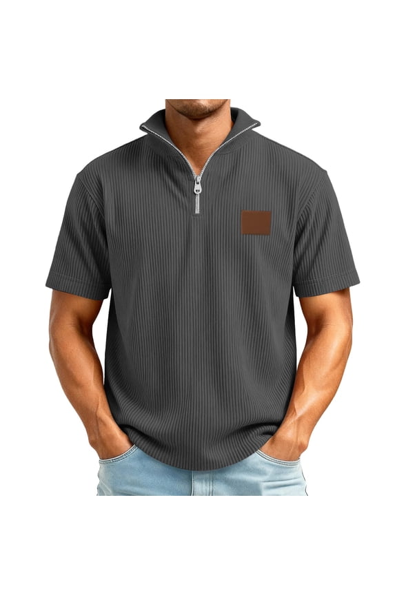 Men Half Zip Short Sleeve Ribbed Knit Polo Shirt Casual Stand Collar Lightweight Pullover Top for Daily Wear