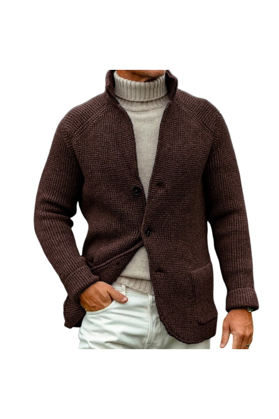Men Knitted Cardigan Shawl Collar Button Down Long Sleeve Chunky Sweater Casual Warm Outerwear with Pockets Coffee S