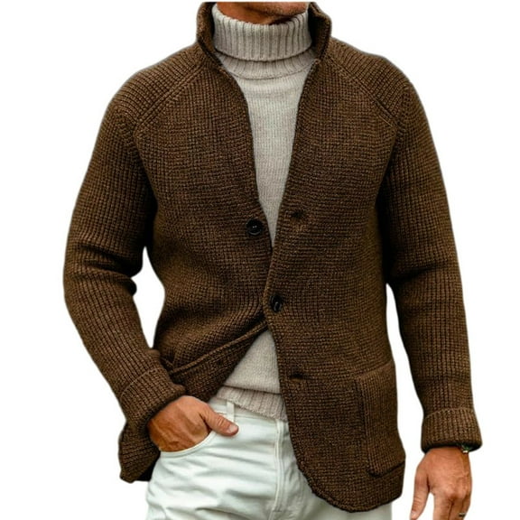 CharmCyan Men Knitted Cardigan Shawl Collar Button Down Long Sleeve Chunky Sweater Casual Warm Outerwear with Pockets Khaki L