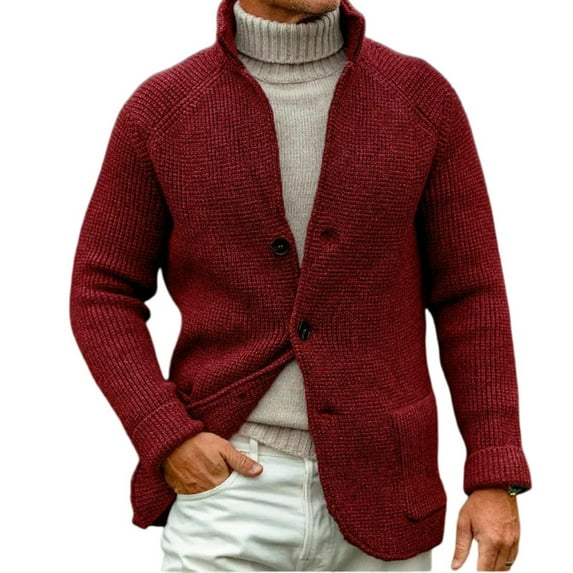 CharmCyan Men Knitted Cardigan Shawl Collar Button Down Long Sleeve Chunky Sweater Casual Warm Outerwear with Pockets Wine L