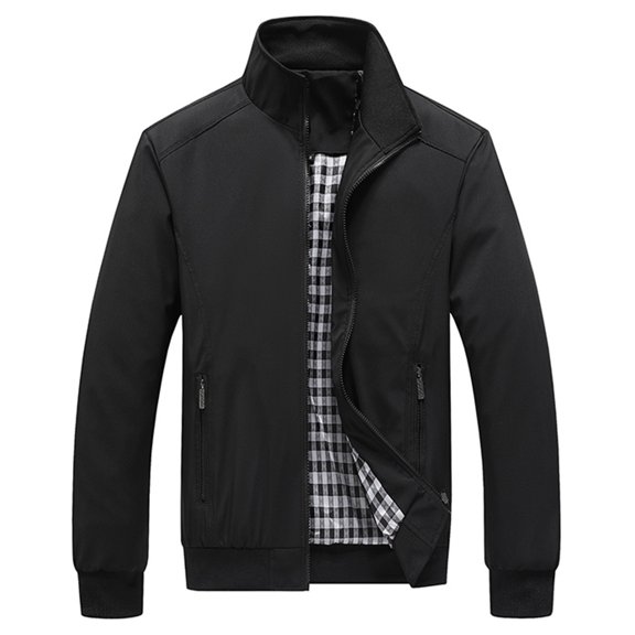 CharmCyan Men Lightweight Stand Collar Casual Jacket Windproof Bomber Jacket with Zipper Closure and Plaid Lining for Daily Wear Black 3XL