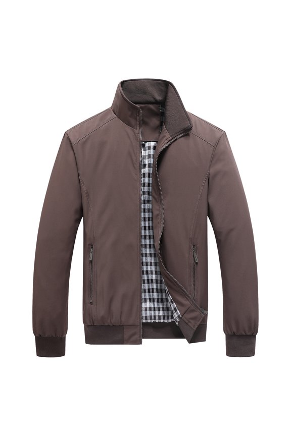 Men Lightweight Stand Collar Casual Jacket Windproof Bomber Jacket with Zipper Closure and Plaid Lining for Daily Wear Coffee 3XL