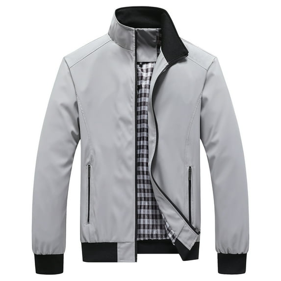 CharmCyan Men Lightweight Stand Collar Casual Jacket Windproof Bomber Jacket with Zipper Closure and Plaid Lining for Daily Wear Gray 3XL
