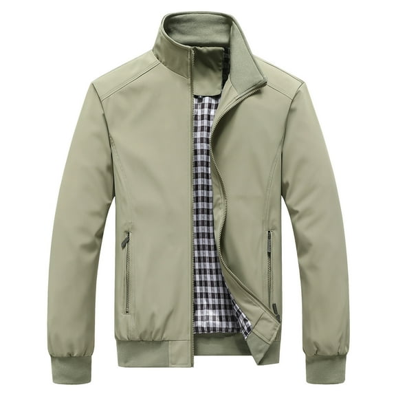 CharmCyan Men Lightweight Stand Collar Casual Jacket Windproof Bomber Jacket with Zipper Closure and Plaid Lining for Daily Wear Light Green L