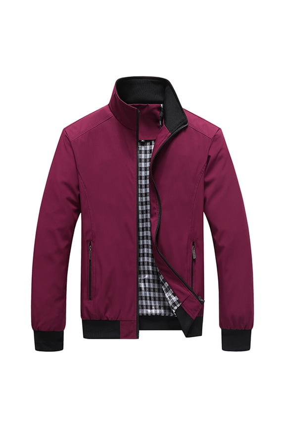 Men Lightweight Stand Collar Casual Jacket Windproof Bomber Jacket with Zipper Closure and Plaid Lining for Daily Wear Wine 2XL