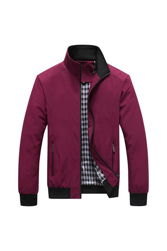 Men Lightweight Stand Collar Casual Jacket Windproof Bomber Jacket with Zipper Closure and Plaid Lining for Daily Wear Wine 3XL