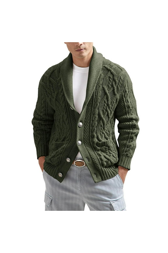 Men Shawl Collar Cable Knit Cardigan Sweater Button Down Long Sleeve Chunky Knitwear Casual Outwear Soft Warm Knit Jacket Army Green M