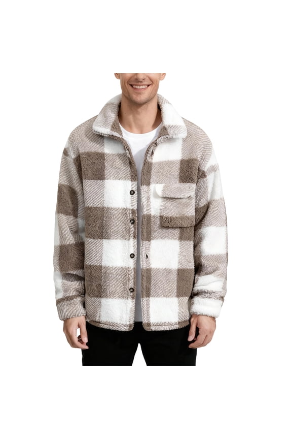 Men Sherpa Fleece Plaid Jacket Button Down Long Sleeve Casual Outerwear with Chest Pocket and Spread Collar Coffee XL