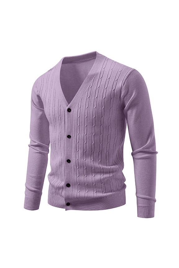 Men V Neck Button Down Cardigan Sweater Lightweight Knitwear Long Sleeve Soft Classic Fit Casual Top for Everyday Wear Light Purple 2XL