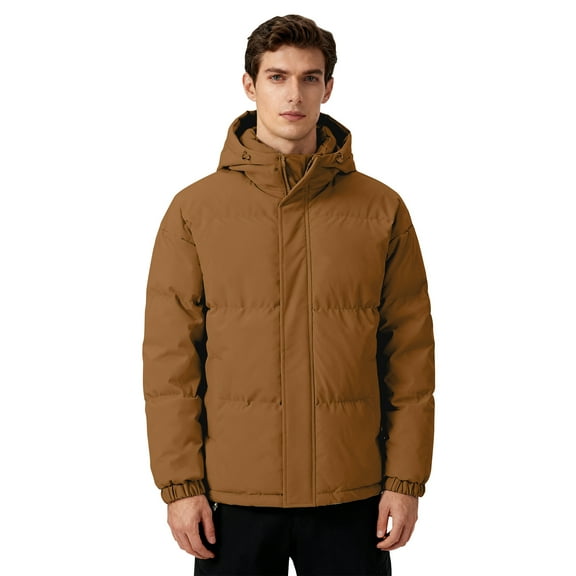 CharmCyan Men Winter Puffer Jacket with Hood Insulated Warm Outerwear Windproof Lightweight Coat for Outdoor Activities Travel Work Brown XL